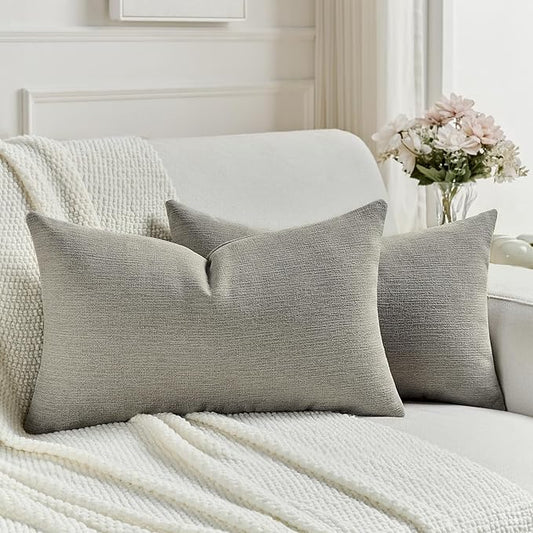 FUTEI Smoke Gray Chenille Decorative Throw Pillow Covers 12x20 Inch Set of 2,Soft Cozy Faux Linen Textured Lumbar Pillow Cases,Farmhouse Home Decor for Couch Living Room