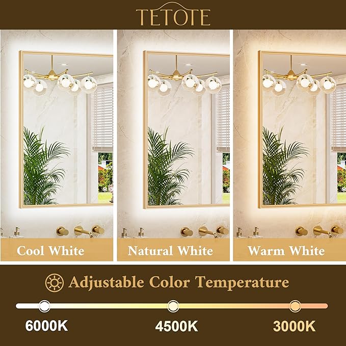 TETOTE 48 x 36 Backlit Bathroom Mirror Brushed Gold Metal Frame LED Light Vanity 3-Color White/Warm/Natural Stepless Dimmable Anti-Fog Backlight Mirror Wall-Mounted