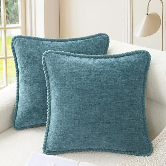 CaliTime Decorative Couch Throw Pillow Covers 20 X 20 Inches Pack of 2 Cozy Chenille Piping Edge Cushion Cases for Sofa Bed Living Room Home Smoke Blue