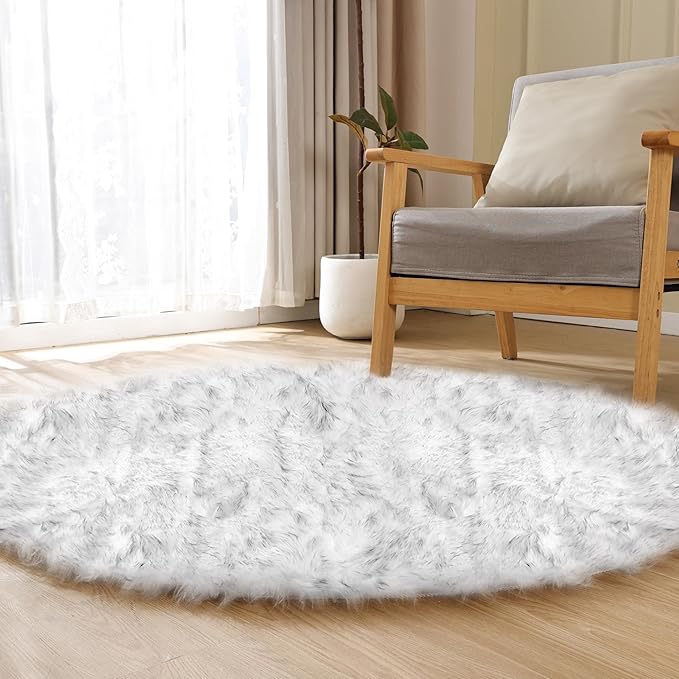 White and Grey Shaggy Round Rugs 6.6ft Large Circle Washable Faux Sheepskin Furry Fur Rugs for Bedroom Living Room Nursery Rug Home Décor