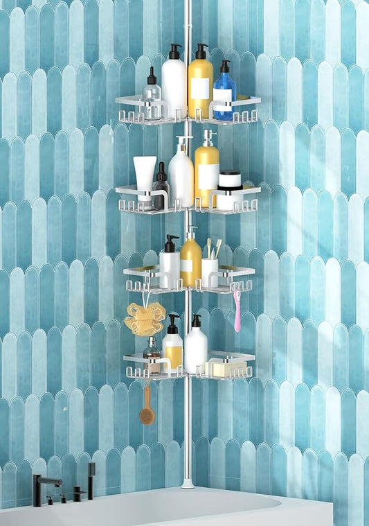 KEGII Adjustable Shower Caddy Corner Tension Pole, Rustproof Shower Rod Organizer with Hooks, Floor to Ceiling Tension Rod 25-114.2 Inch, Bathtub Storage Organizer for Shampoo, 4-Tier Silver