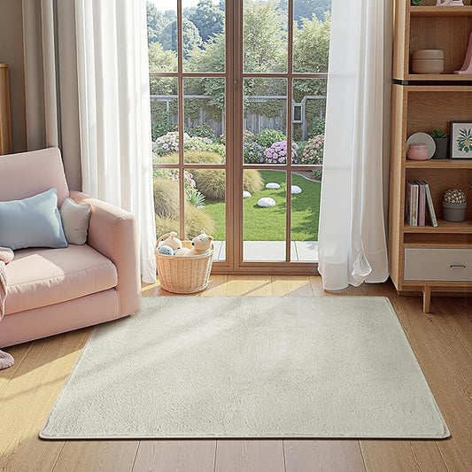 jinchan Solid Plush Area Rug 3x5 Performance Shaggy Washable Rug Indoor Soft Modern Faux Wool Cozy Non Slip Carpet for Living Room Kids Room Bedroom Dining Room Nursery Ivory