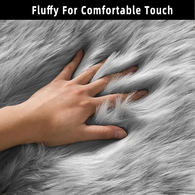 Grey Faux Fur Sheepskin Area Rug for Living Room Bedroom, 2 x 6 Feet Ultra Soft Shaggy Fuzzy Furry Carpet Chair Throw Runner Rugs for Kids, Girls, Nursery Room Decor Dorms
