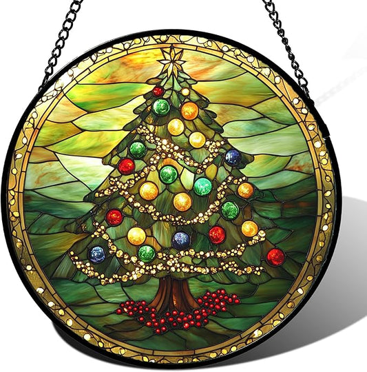 Stained Glass Window Hanging - Green Christmas Tree Gold Ribbon Suncatcher for Doors Home Christmas Decoration Sun Catcher Thanksgiving New Year Birthday Gifts for Women Men Mom Nana 6.3 in