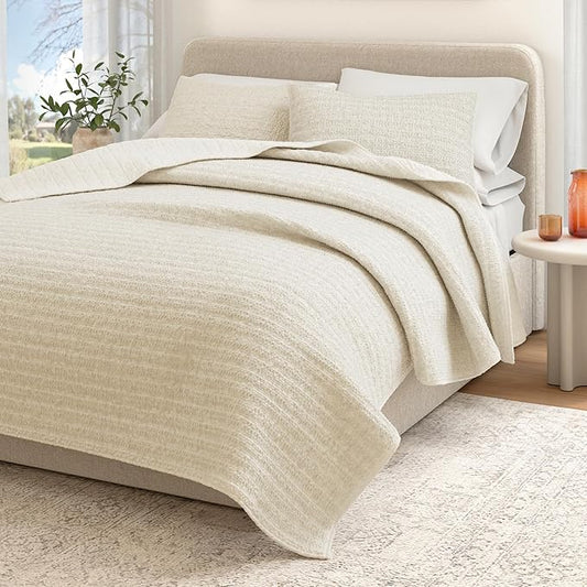 Great Bay Home Full/Queen Size Taupe 100% Cotton Honeycomb Waffle Quilt and Sham Set - Garment Washed, Waffle Weave Like Texture, Lightweight 3-Piece Bedding Set (Natural)
