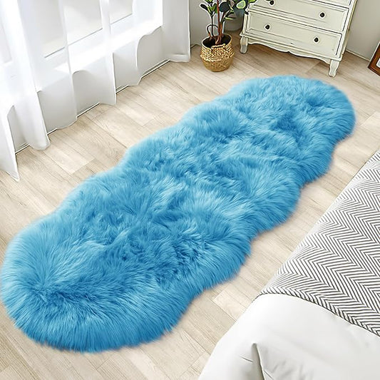 Faux Fur Rug for Bedroom, Fluffy Runner Rugs Soft Sheepskin Rug Sofa Couch Seat Cushion, 2x6ft Sky Blue Plush Area Rug Shag Rugs Floor Carpets for Nursery Bedside, Cute Shaggy Fuzzy Home Decor