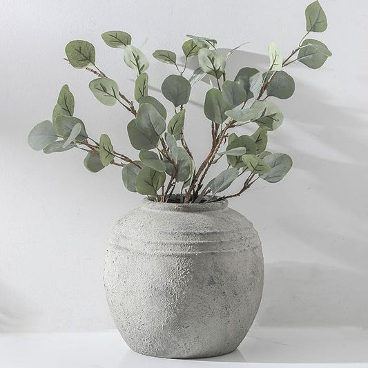 Large Ceramic Flower Vase, 8.66 inch Tall Round Rustic Farmhouse Vase for Home Decor, Wide Mouth, Living Room Shelf Decor, Enterway, Table