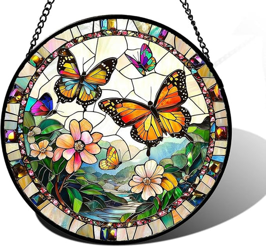 DASTOLL Stained Glass Window Hanging, Butterflies Flying in The Sky Suncatcher for Doors Home Sun Catchers Decoration and Christmas, Mother's Day Birthday Gifts for Women, Men, and Mom 6.3 in