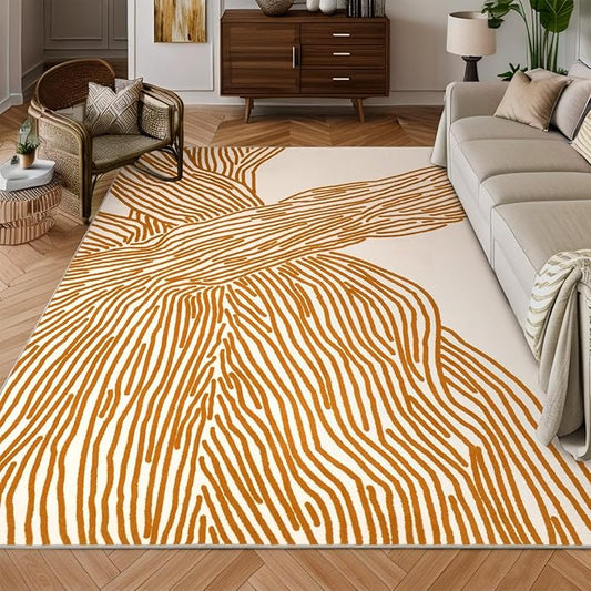 YIHOUSE Orange Rug for Living Room, 6×9 Modern Abstract Area Rug, Geometric Contemporary Wave Striped Rugs for Playroom Nursery, Washable Nonslip Large Rug for Bedroom Dining Room