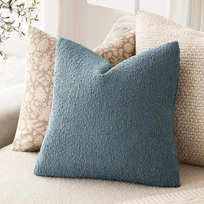 Foindtower Decorative Textured Boucle Throw Pillow Covers Accent Solid Pillow Cases Neutral Soft Cozy Couch Cushion Case for Chair Sofa Bedroom Living Room Home Decor 24x24 Inch,1PC,Misty Blue