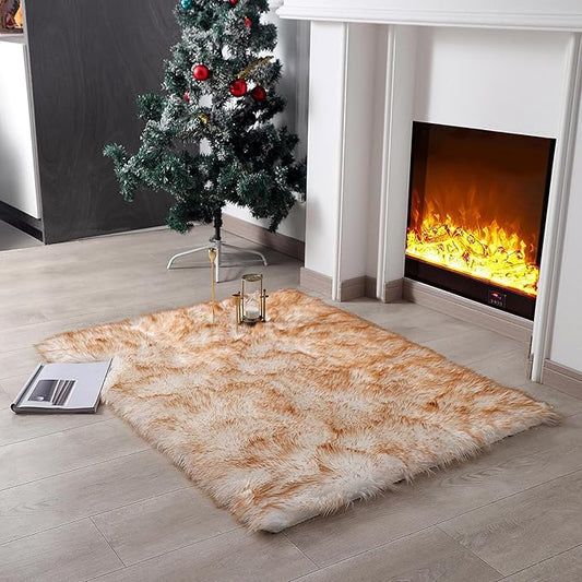 Faux Fur Rug Sheepskin Shag Fluffy Fuzzy 3x4 ft Rugs for Bedroom Bedside Bed Floor Living Room Plush Rectangle High-Density Cushion Carpet Super Sofa Cover White and Yellow