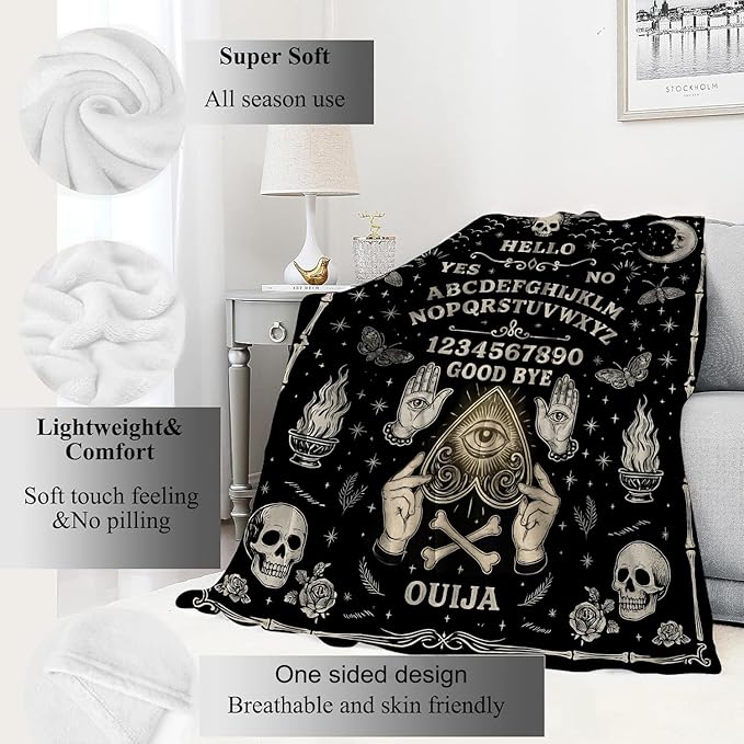 Ouija Board Blanket Halloween Holiday Decor Gothic Spirit Witch Throw Gifts for Kids Adults Lightweight Soft Fleece Sun Moon Skeleton Skull Witchy Blankets for Horror Spooky Decoration 40x50in
