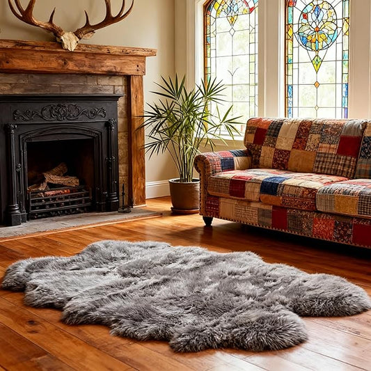 Grey Faux Fur Sheepskin Area Rug for Living Room Bedroom, 4 x 6 Feet Ultra Soft Shaggy Fuzzy Furry Carpet Chair Throw Large Rugs for Kids, Girls, Nursery Room Decor Dorms