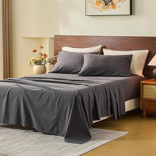 MEISHANG 100% French Pure Linen Sheets Queen Size - 6 PC Extra Deep Pocket Sheet Set, Soft Durable Flax Linen, Anti-Tear Breathable & Oeko-Tex Certified 18-24 Deep Pocket,All Season(Dark Grey)