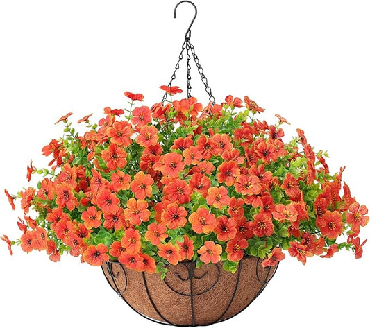 Artificial Fake Hanging Plants Flowers Basket Outdoors Summer Autumn Decor, Hanging Planter with Faux Silk Daisy Flowers Realistic UV Resistant for Outside Home Porch Front Patio Balcony Garden Orange