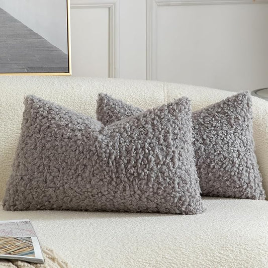 Yaertun Pack of 2 Faux Fur Throw Pillow Covers Decorative Sherpa Boucle Pillow Covers Fuzzy Soft Pillowcases Sheepskin Fleece Cushion Case for Couch Sofa Bed Living Room 12x20 Inch Light Grey