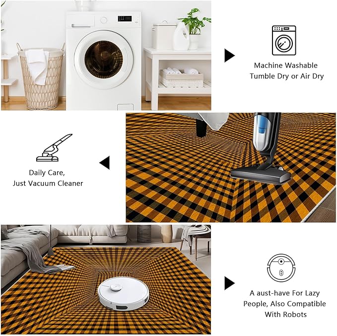 3D Rugs Optical Illusion - Plaid Rug 5x7, Geometric Stripes Soft Neutral Indoor Floor Mats Carpet, Non-Slip Stain Resistant Modern Orange Rug for Bedroom, Living Room Rugs