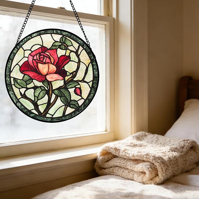 Stained Glass Window Hanging, Red Rose Flowers Sun Catcher for Door Garden Home Decor Suncatcher Christmas Mother's Day Birthday Gifts for Women Lovers Men Wife Girlfriend Mom Nana 11.8 in