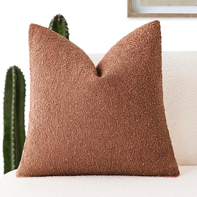 Foindtower Decorative Textured Boucle Throw Pillow Covers Accent Solid Pillow Cases Neutral Soft Cozy Couch Cushion Case for Chair Sofa Bedroom Living Room Home Decor 22x22 Inch,1PC,Burnt Orange Hazel