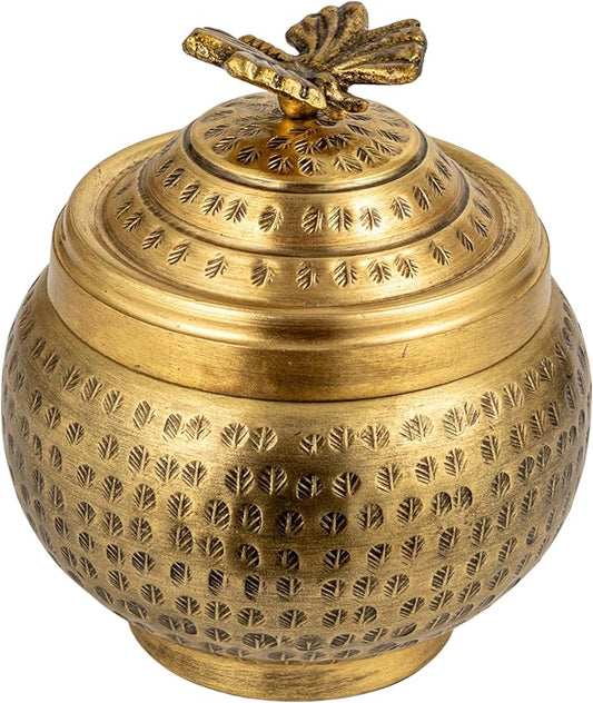 Round Hammered Metal Container with Butterfly Finial, Brass Finish