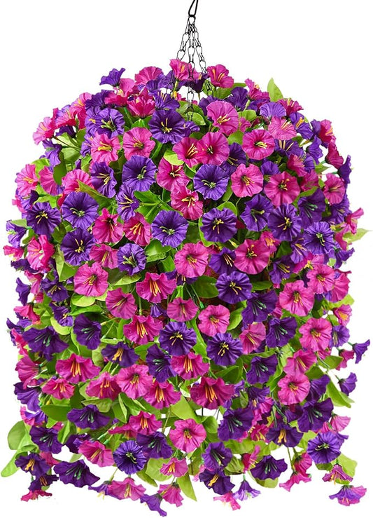 Homsunny Artificial Faux Hanging Flowers Plants Baskets for Outdoor Spring Summer Decorations,Resistant Fake Morning Glory Silk Plants for Outside UV Resistant Patio Yard Home Porch Decor(Mix Purple)