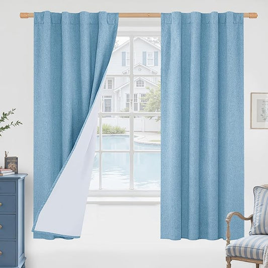 LAMIT Blue 100% Blackout Linen Curtains, 63 Inches Linen Textured Thermal Bedroom Curtains Back Tab and Rod Pocket Neutral Panels with White Liner for Farmhouse, 2 Panels, 38 x 63 Inch