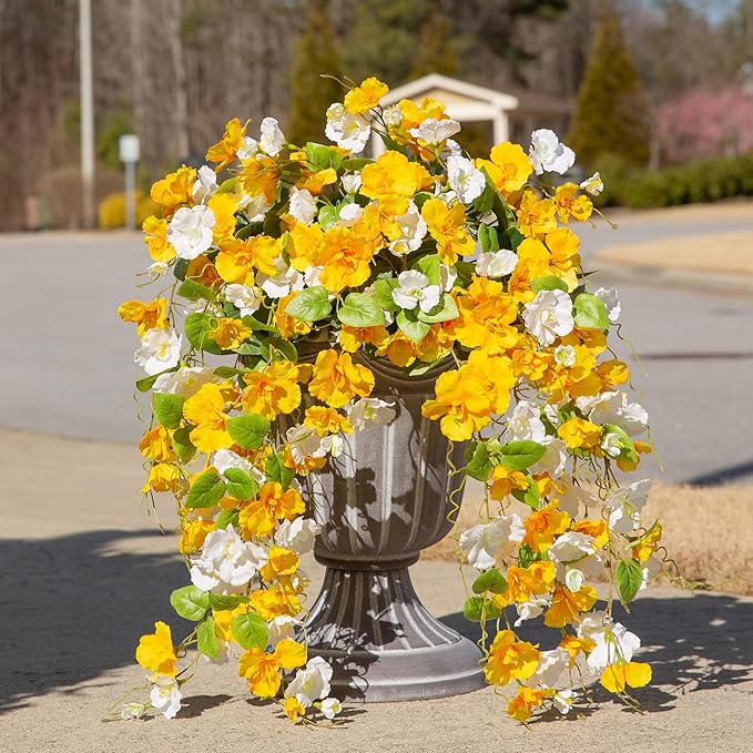 Fake Hibiscus Artificial Hanging Flowers Plants for Outdoors Spring Decoration, 2pcs Silk Hibiscus Vines Realistic UV Resistant Yellow Faux Flowers for Outside Planter Porch Patio Yard Wedding Party