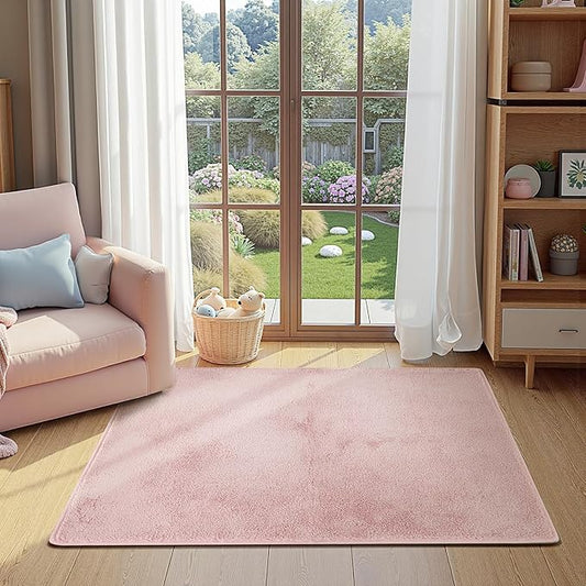jinchan Solid Plush Area Rug 3x5 Performance Shaggy Washable Rug Indoor Soft Modern Faux Wool Cozy Non Slip Carpet for Living Room Kids Room Bedroom Dining Room Nursery Pink