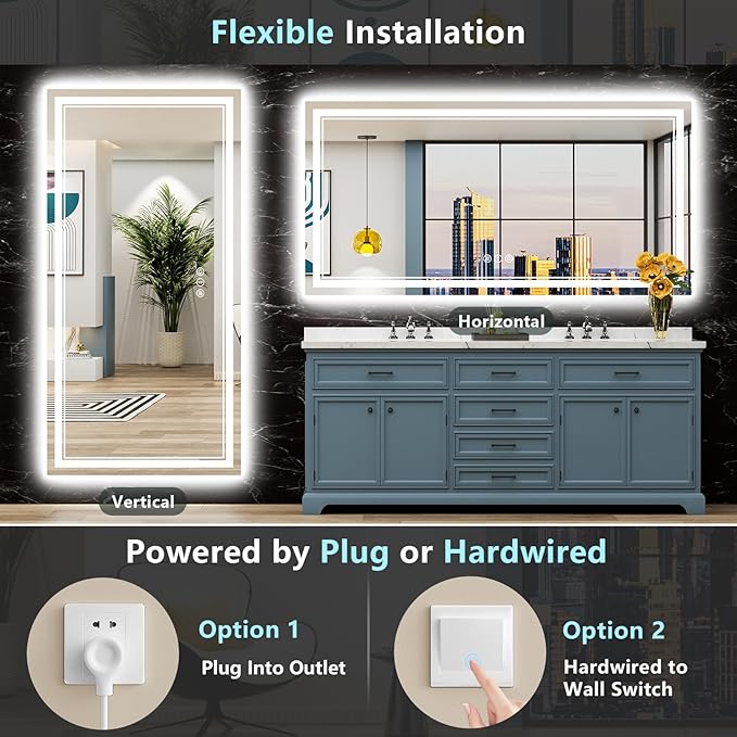 77x36 LED Bathroom Mirror with Lights, Backlit & Front Lit, Anti-Fog Frameless Lighted Vanity Mirrors for Bathroom Wall, Dimmable, 3-Color Light, Memory, Shatter-Proof, Tempered Glass, CRI＞90