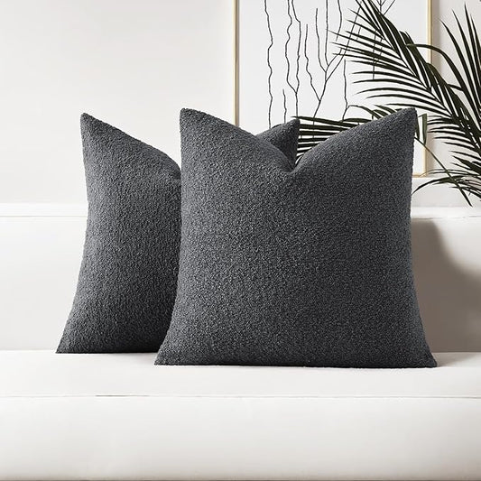 HAUSSY Set of 2 16x16 Decorative Throw Pillow Covers, Soft Cozy Textured Boucle Couch Cases, Home Decor for Couch Bed Living Room, Dark Grey