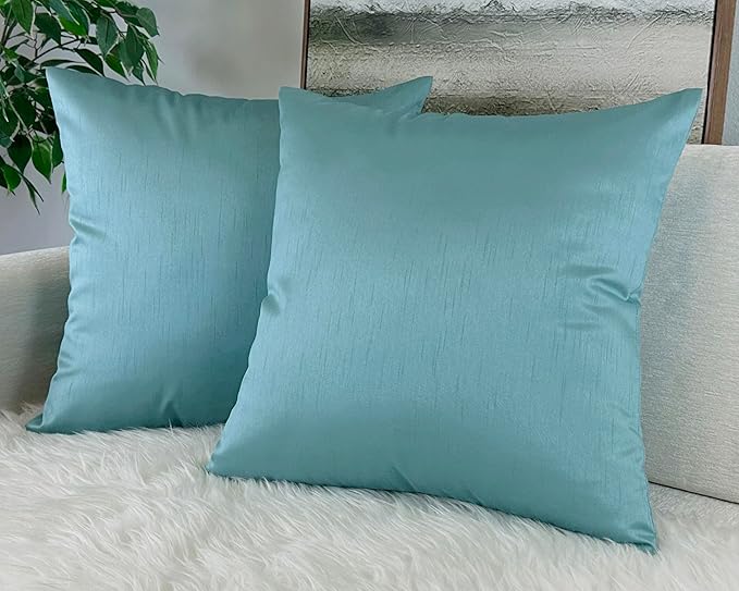 Aiking Home 18x18 Inches Faux Silk Square Throw Pillow Cover, Zipper Closure, Aqua (Set of 2)