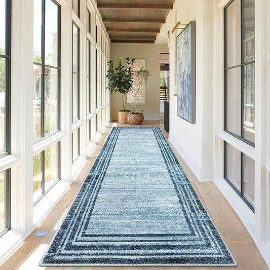 Lahome Modern Abstract Runner Rug, Washable Blue 2.5x10 Kitchen Runner Non Slip Runners for Hallways 10ft, Low-Pile Long Entryway Rug Indoor Soft Carpet Runner for Bedroom Hall