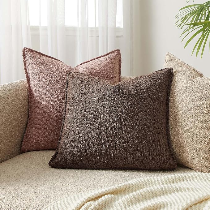 JUSPURBET Brown Decorative Pillow Covers 22x22 Set of 2 Throw Pillow Covers for Couch Sofa Bed Cozy Boucle Textured Cushion Covers Cases with Hidden Zipper for Living Room Home Decor