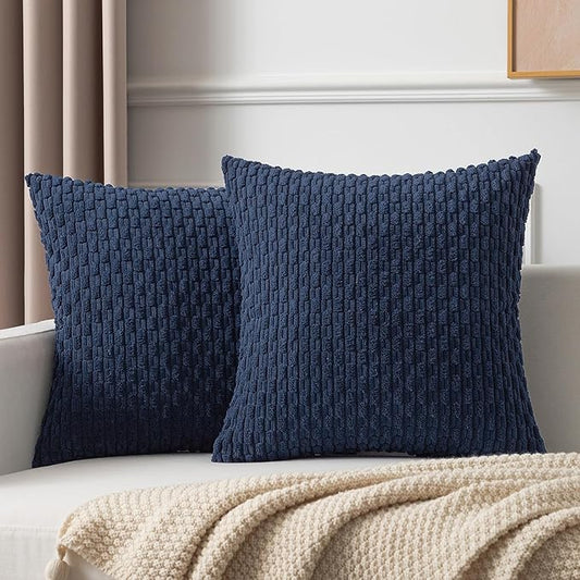 Kevin Textile Set of 2 Decorative Pillow Cover Solid Striped Corduroy Plush Velvet Cushion Cover for Couch 50cm 20 x 20 Inch Navy Blue