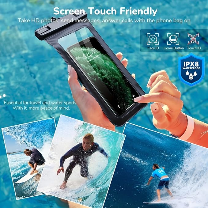 Floating IPX8 Waterproof Phone Case (2 Pack) – Universal Cellphone Dry Bag up to 7.2", Adjustable Lanyard, Touchscreen-Compatible, Perfect for Beach, Pool, Kayak, Cruise & Travel Adventures