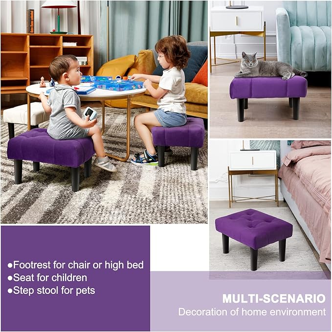 HOUCHICS Small Footstool Ottoman, Velvet Wooden Foot Stool Ottoman with Wood Legs, Sofa Footrest Extra Seating for Living Room Entryway Office(Purple 2PACK)