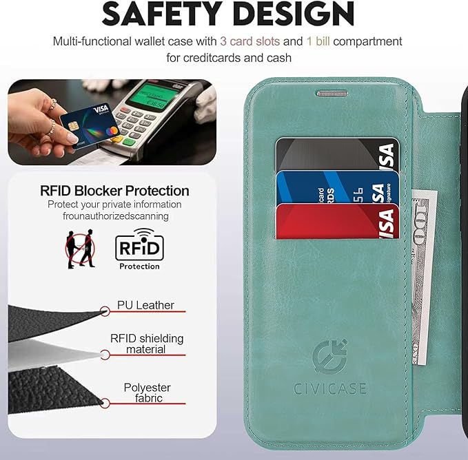 CIVICASE for iPhone Air Wallet Case with Stand,PU Leather Flip Credit Card Holder Slots (RFID Blocking),Compatible with Magsafe Magnetic Holder Phone Cover Women Men,Green