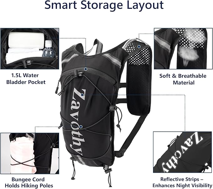 Zavothy Hydration Backpack with Rain Cover, 1.5L Lightweight Hydration Pack for Hiking, Cycling & Trail Running
