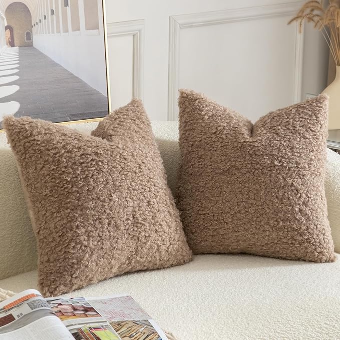 Yaertun Pack of 2 Faux Fur Throw Pillow Covers Decorative Sherpa Boucle Pillow Covers Fuzzy Soft Pillowcases Sheepskin Fleece Cushion Case for Couch Sofa Bed Living Room 26x26 Inch Khaki