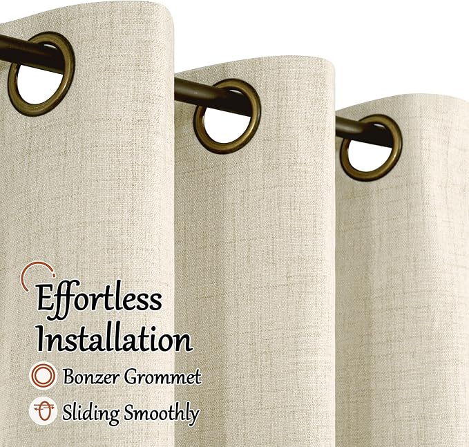 Lajode Blackout Curtains for Bedroom - Linen Black Out Curtains 84 Inch Long Thermal Insulated Burlap Grommet Window Drapes for Farmhouse Living Room Darkening, 2 Panels, Each 52" Wide, Natural Cream