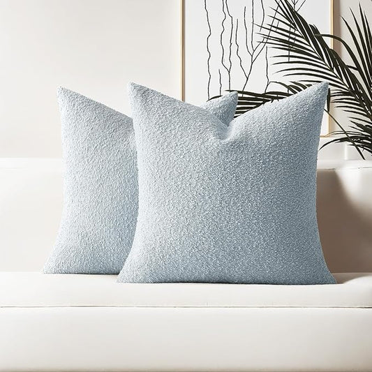 HAUSSY Set of 2 16x16 Decorative Throw Pillow Covers, Soft Cozy Textured Boucle Couch Cases, Home Decor for Couch Bed Living Room, Dusty Blue