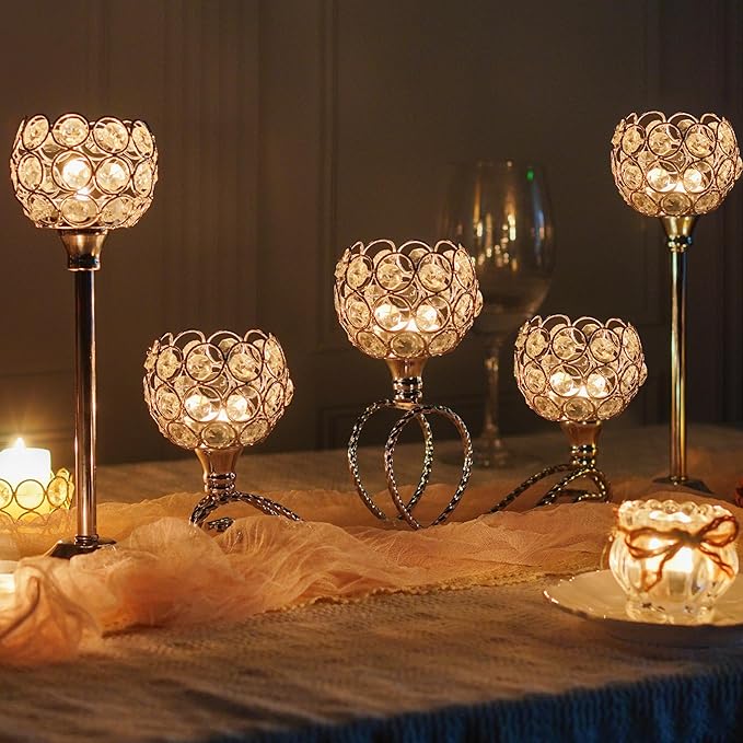Silver 5 Arm Metal Crystal Tea Light Candle Holder, Elegant Wedding Table Centerpiece Candle Holder, Christmas Wishing Crystal Bowl Candle Holder Suitable for Wedding Party Living Room Decoration