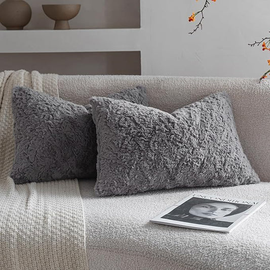 Neelvin Set of 2 Faux Fur Throw Pillow Covers 12x20 Inch Darkgrey Cozy Soft Solid Decorative Pillowcases Thick Plush Sheepskin Cushion Case for Chair and Couch Sofa Bedroom