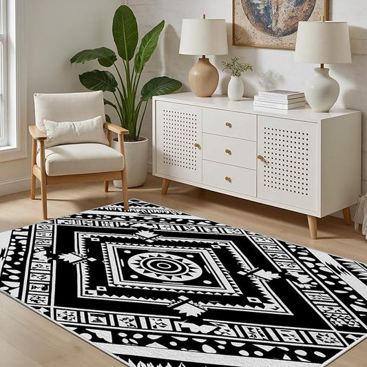 Area Rugs for Living Room 3x4, Moroccan Washable Low Pile Rug, Boho Neutral Farmhouse Ultra Soft Carpet for Bedroom Dining Room Home Decor, Geometric Print Tribal Carpets Black and White