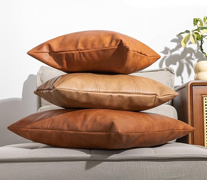 Faux Leather Throw Pillow Covers 24X24 Inch Set of 2 Milan Brown Outdoor Modern Farmhouse Solid Decorative Pillow Covers for Room Couch Living Bedroom Bed Sofa