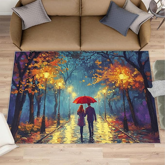 London Streets Washable Rugs 4x6 Rug for Living Room, Rainy Night Oil Painting 4x6 Rug Autumn Landscape Low-Pile Carpet for Bedroom Dining Non Slip Mat with Rubber Back