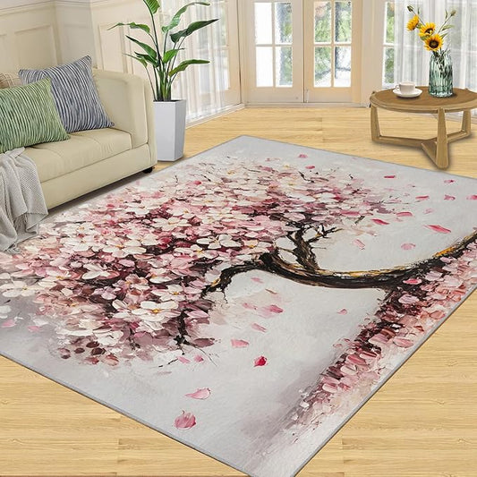 Graffiti Tree Washable Rugs 3x5 Rug for Living Room, Pink Petals 3x5 Rug Oil Painting Art Low-Pile Carpet for Bedroom Dining Non Slip Mat with Rubber Back