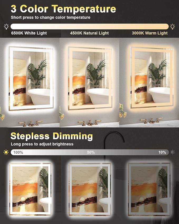 28"x 36" LED Mirror for Bathroom, Front and Backlit Controlled Separately LED Vanity Mirror with Lights, Wall-Mounted LED Smart Mirror, 3 Colors, Stepless Dimmable, Anti Fog, Memory (ETL)