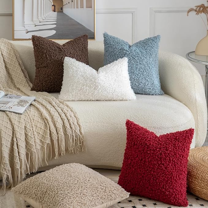 Yaertun Pack of 2 Faux Fur Throw Pillow Covers Decorative Sherpa Boucle Pillow Covers Fuzzy Soft Pillowcases Sheepskin Fleece Cushion Case for Couch Sofa Bed Living Room 12x20 Inch Chocolate