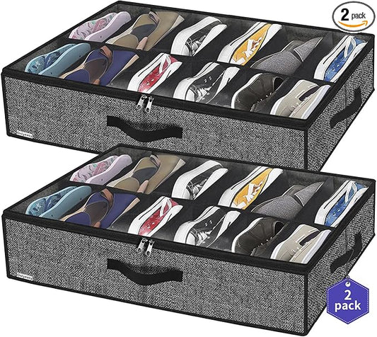 Onlyeasy Sturdy Under Bed Shoe Storage Organizer, Set of 2, Fit 12 to 24 Pairs, Underbed Shoes Closet Storage Solution with Clear Window, Breathable, L29.3 x W23.6 x H5.9, Linen-like Black, MXAUBSB2P